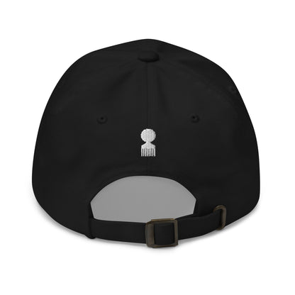 Black dad hat with small white embroidered afro pick on back.