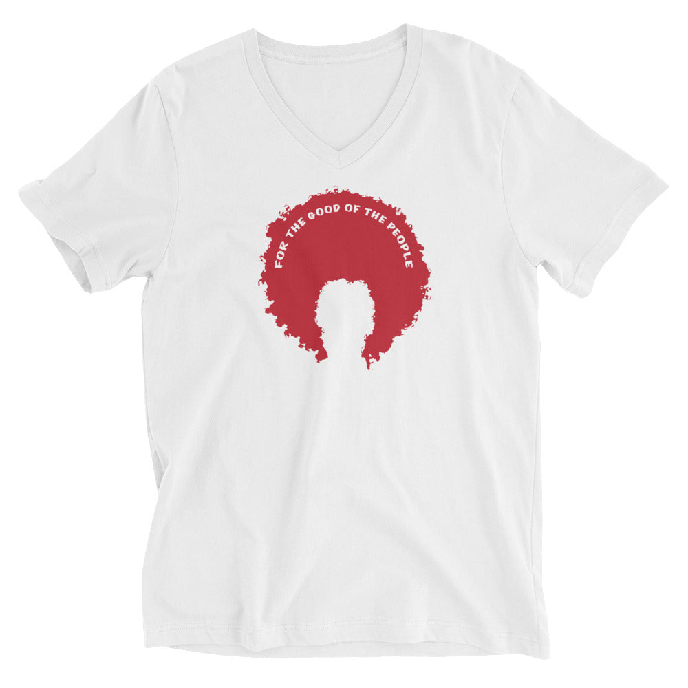 White women's v-neck tee with red afro graphic with for the good of the people in white on the inside top of the afro.