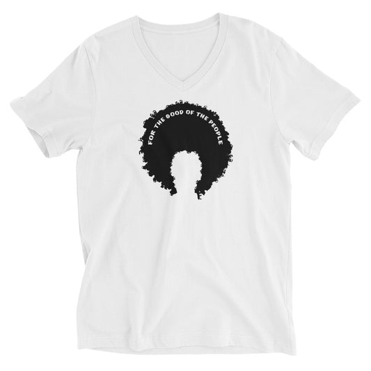 White women's v-neck tee with black afro graphic with for the good of the people in white on the inside top of the afro.