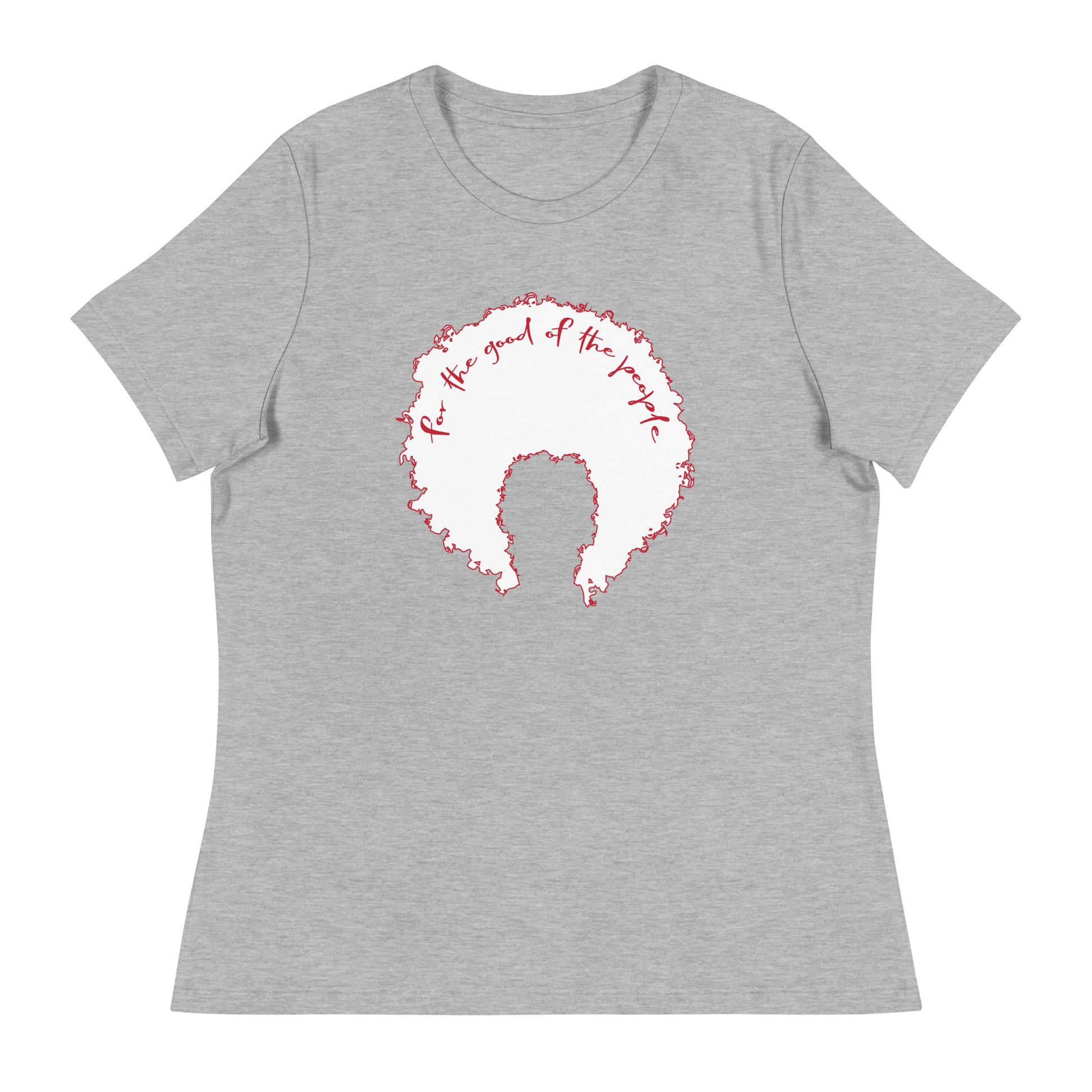 Heather gray women's tee with white afro graphic trimmed in red with for the good of the people in red on the inside top of the afro.