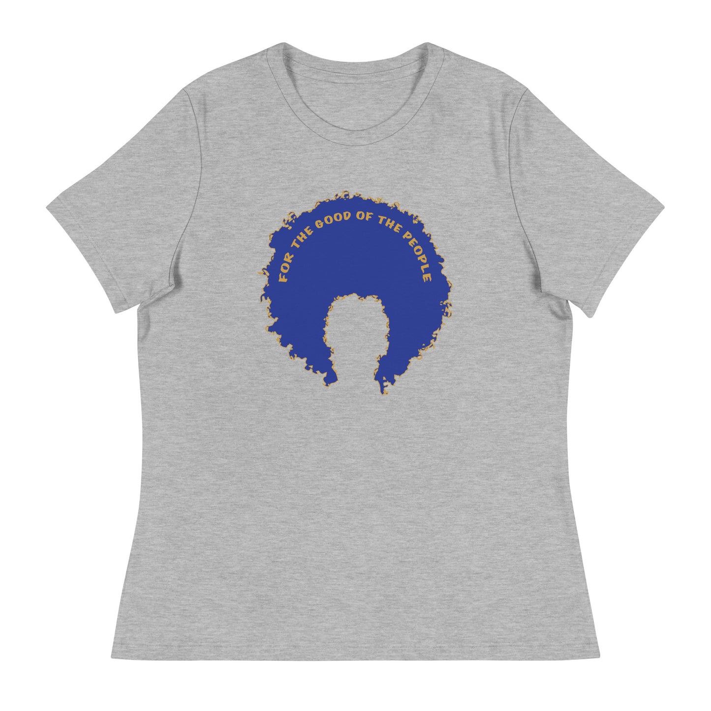 Heather gray women's tee with blue afro graphic trimmed in gold with for the good of the people in gold on the inside top of the afro.