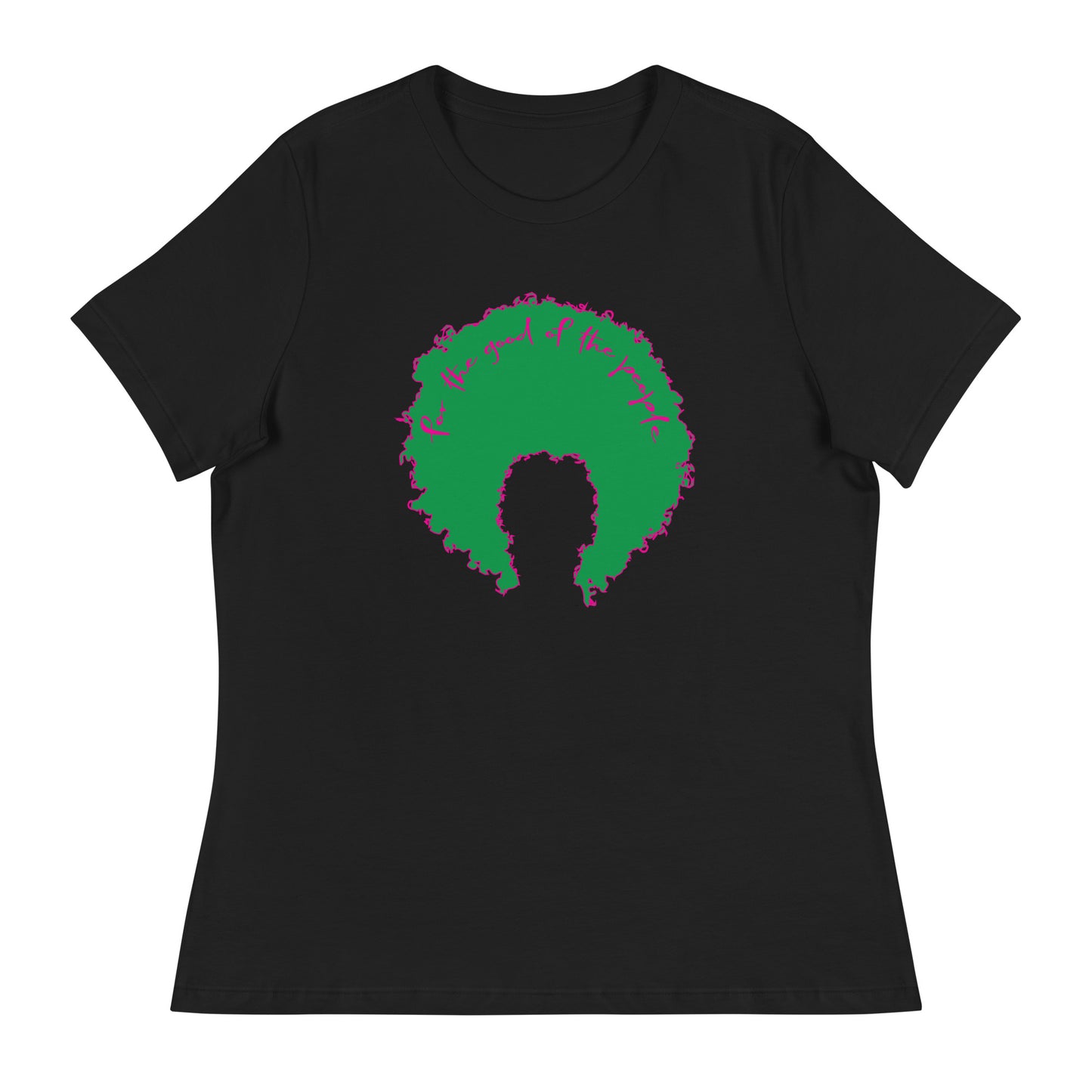 Black women's tee with green afro graphic trimmed in pink with for the good of the people in pink on the inside top of the afro.