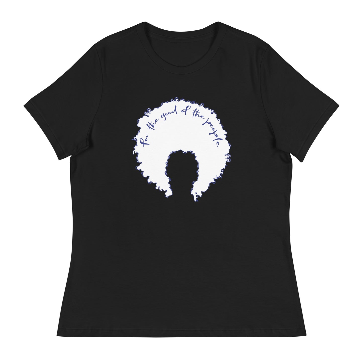Black women's tee with white afro graphic trimmed in blue with for the good of the people in blue on the inside top of the afro.