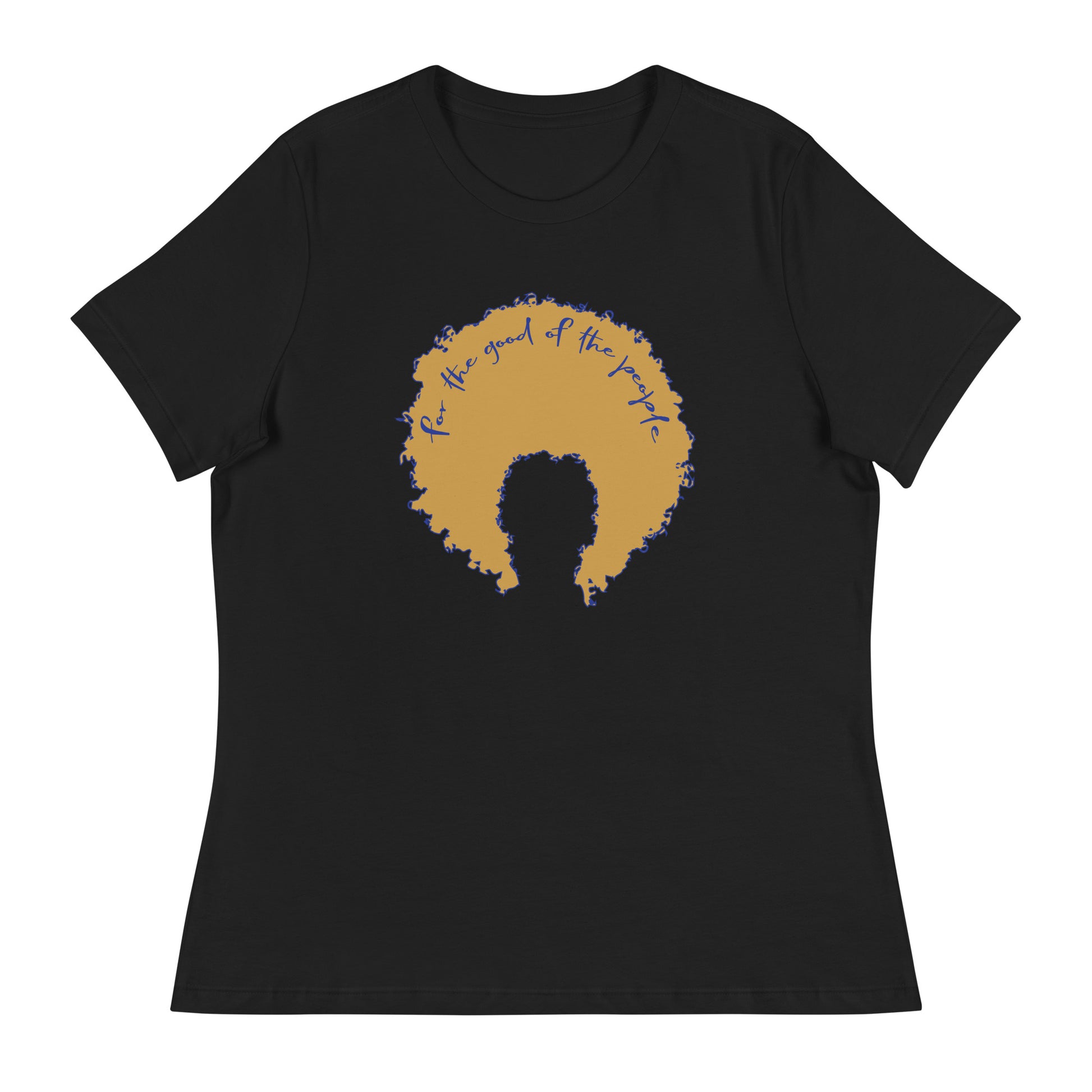 Black women's tee with gold afro graphic trimmed in blue with for the good of the people in pink on the inside top of the afro.