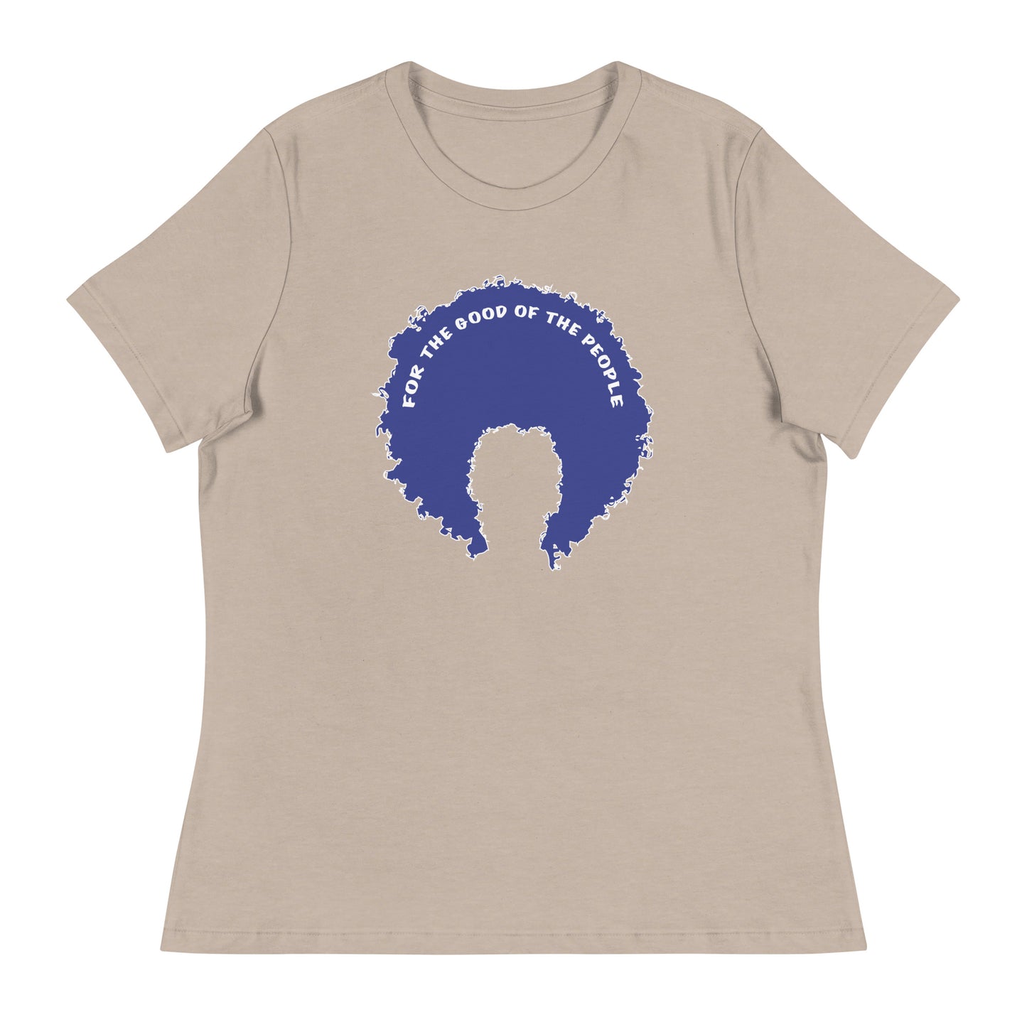 Stone women's tee with blue afro graphic trimmed in white with for the good of the people in white on the inside top of the afro.