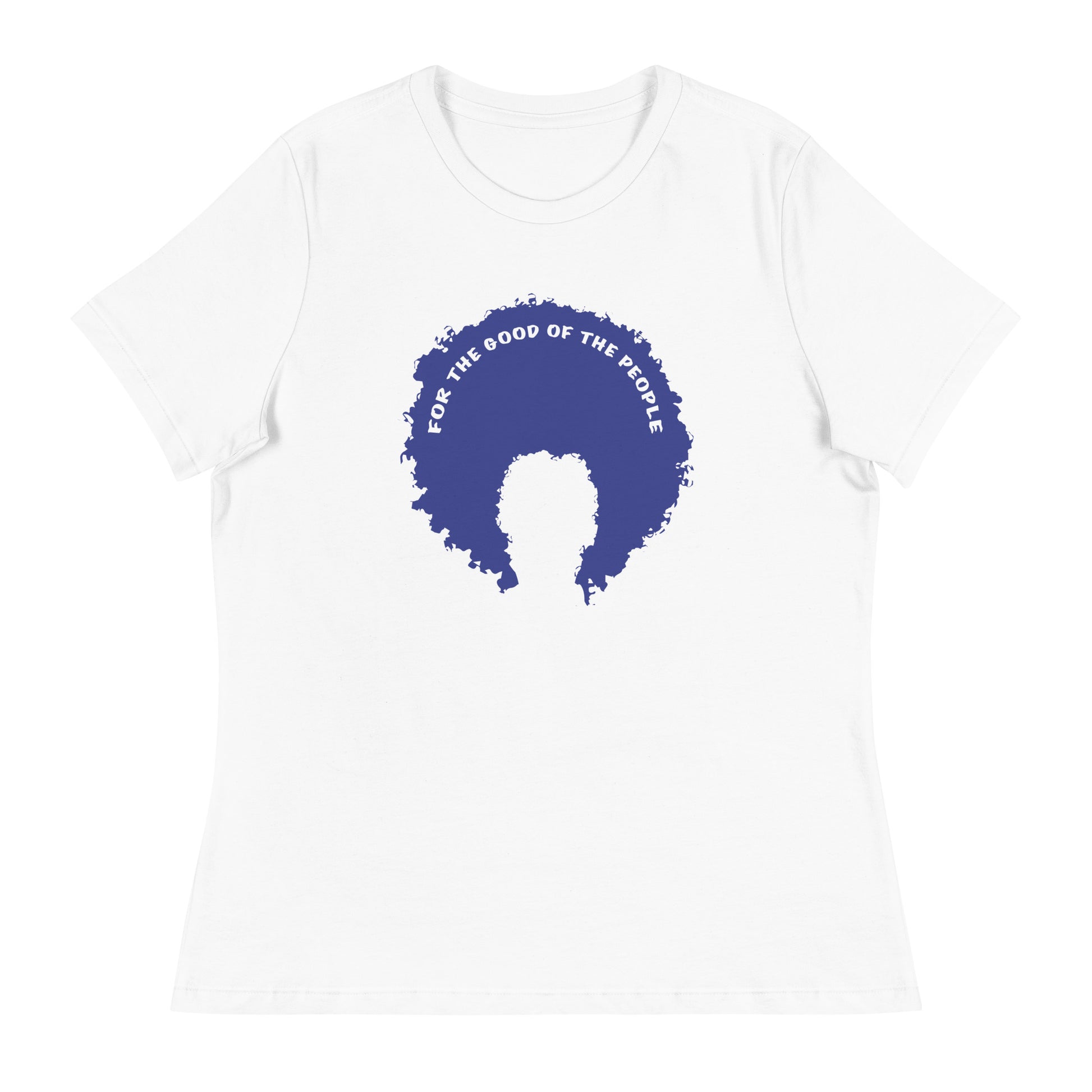White women's tee with blue afro graphic trimmed in white with for the good of the people in white on the inside top of the afro.