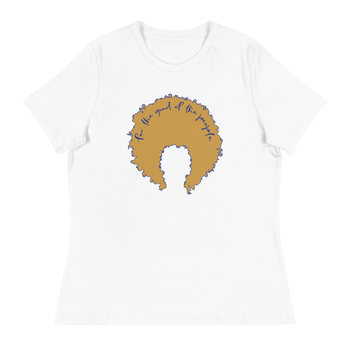 White women's tee with gold afro graphic trimmed in blue with for the good of the people in pink on the inside top of the afro.